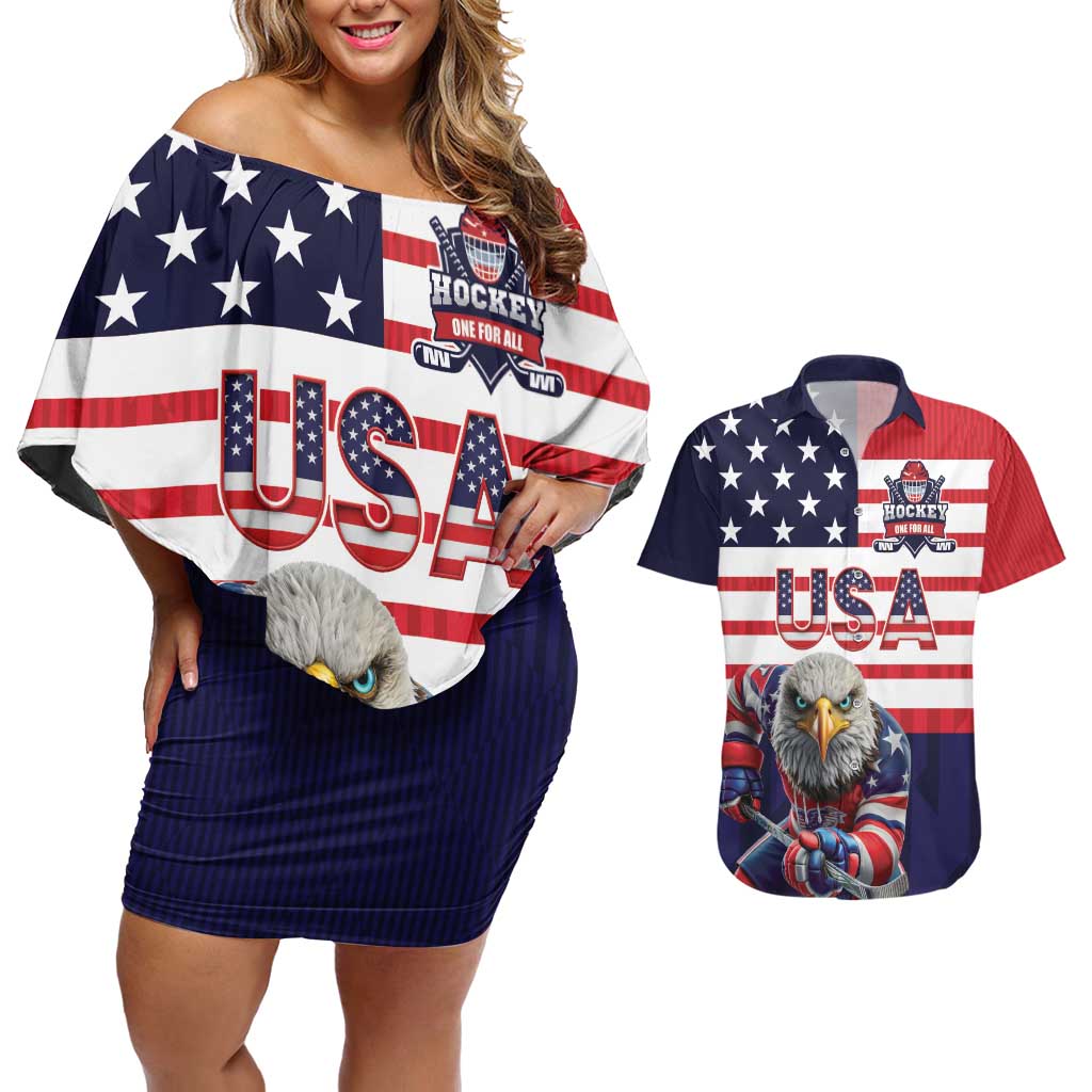 United States Ice Hockey Custom Couples Matching Off Shoulder Short Dress and Hawaiian Shirt Team USA One For All