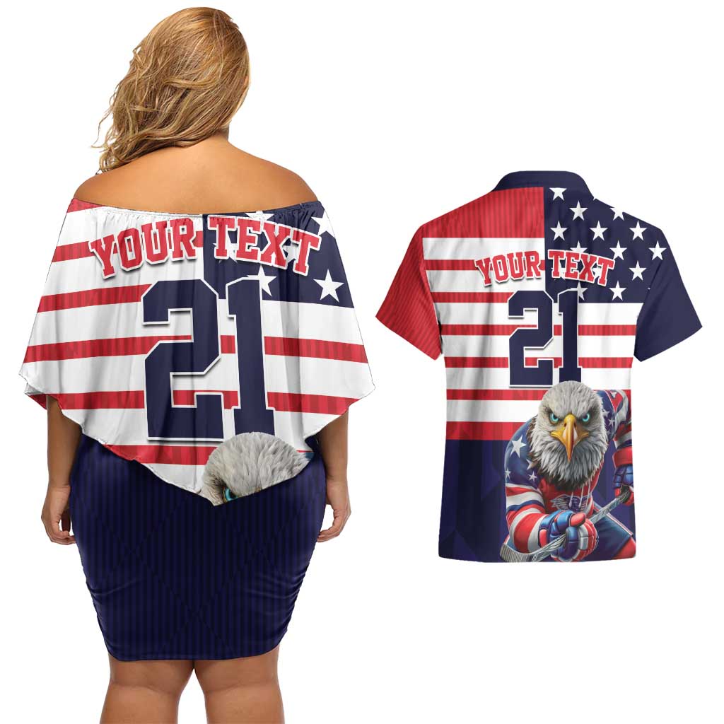 United States Ice Hockey Custom Couples Matching Off Shoulder Short Dress and Hawaiian Shirt Team USA One For All
