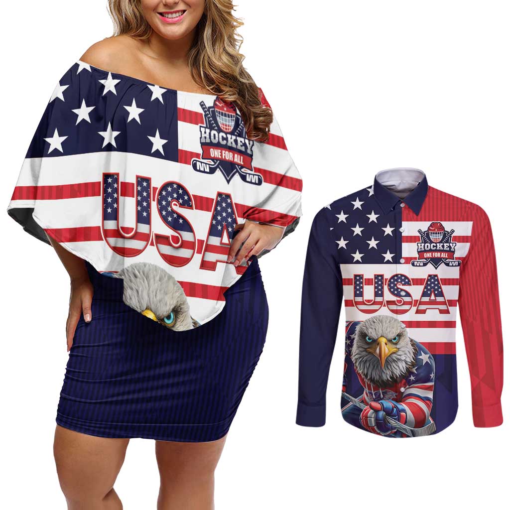 United States Ice Hockey Custom Couples Matching Off Shoulder Short Dress and Long Sleeve Button Shirt Team USA One For All