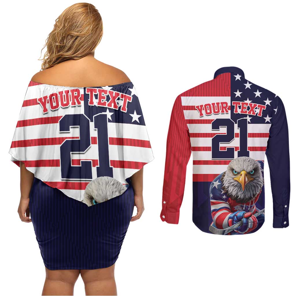 United States Ice Hockey Custom Couples Matching Off Shoulder Short Dress and Long Sleeve Button Shirt Team USA One For All