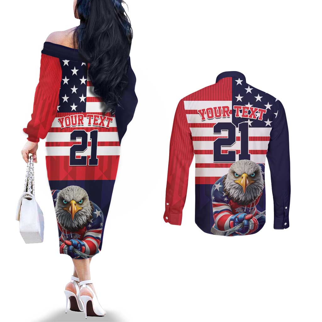 United States Ice Hockey Custom Couples Matching Off The Shoulder Long Sleeve Dress and Long Sleeve Button Shirt Team USA One For All