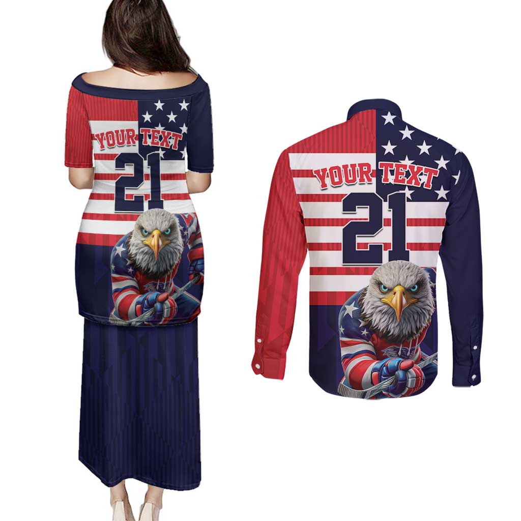 United States Ice Hockey Custom Couples Matching Puletasi and Long Sleeve Button Shirt Team USA One For All