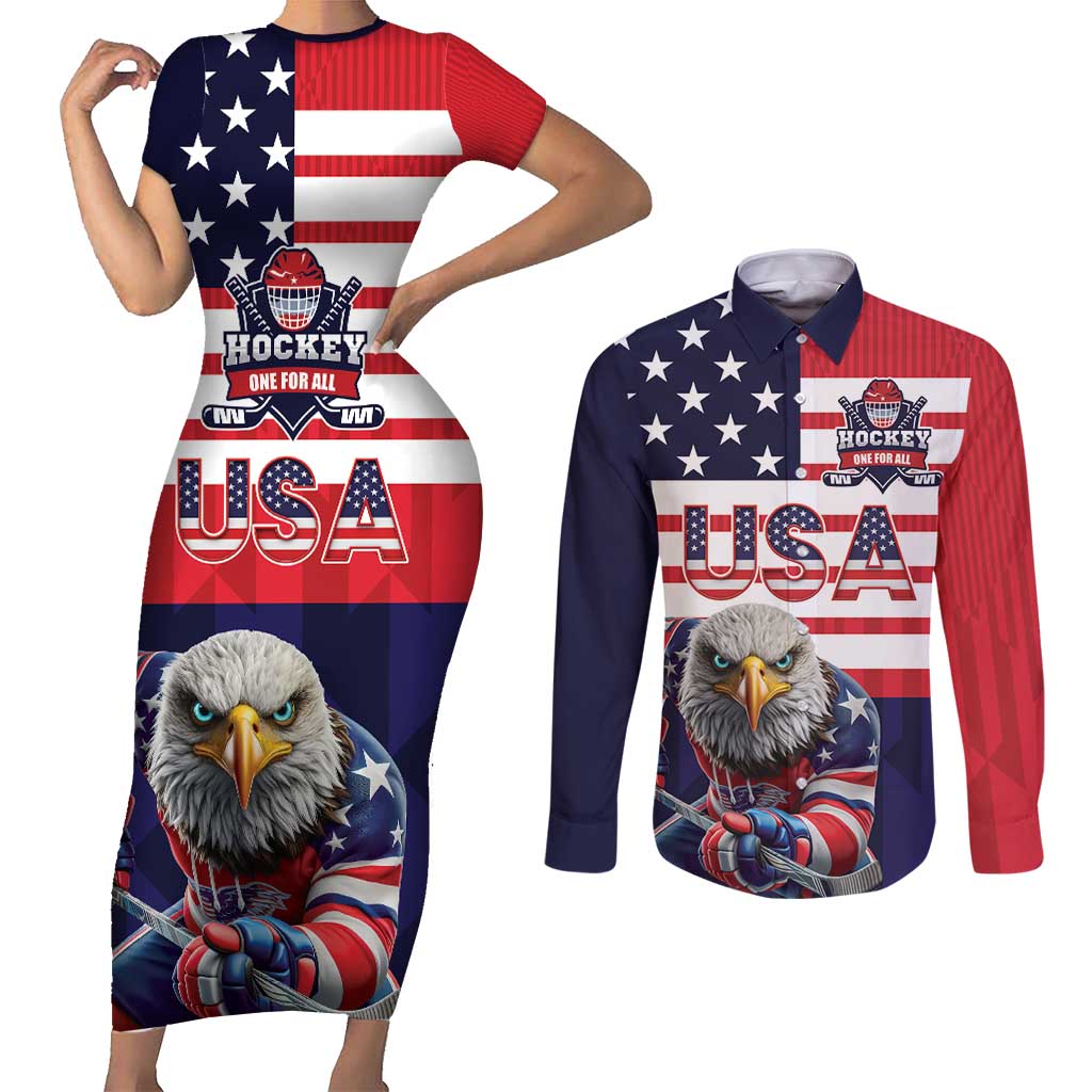United States Ice Hockey Custom Couples Matching Short Sleeve Bodycon Dress and Long Sleeve Button Shirt Team USA One For All