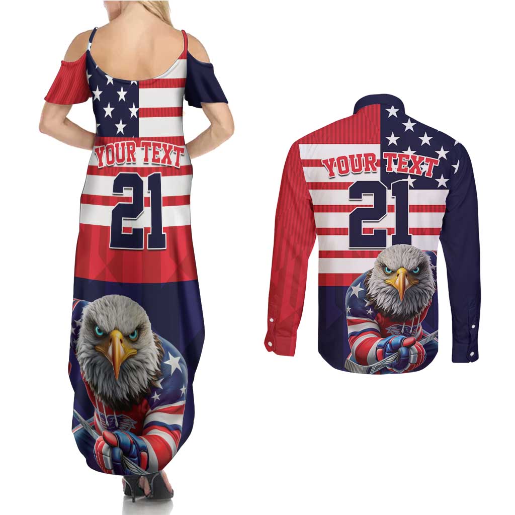 United States Ice Hockey Custom Couples Matching Summer Maxi Dress and Long Sleeve Button Shirt Team USA One For All
