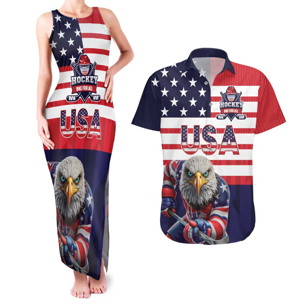 United States Ice Hockey Custom Couples Matching Tank Maxi Dress and Hawaiian Shirt Team USA One For All