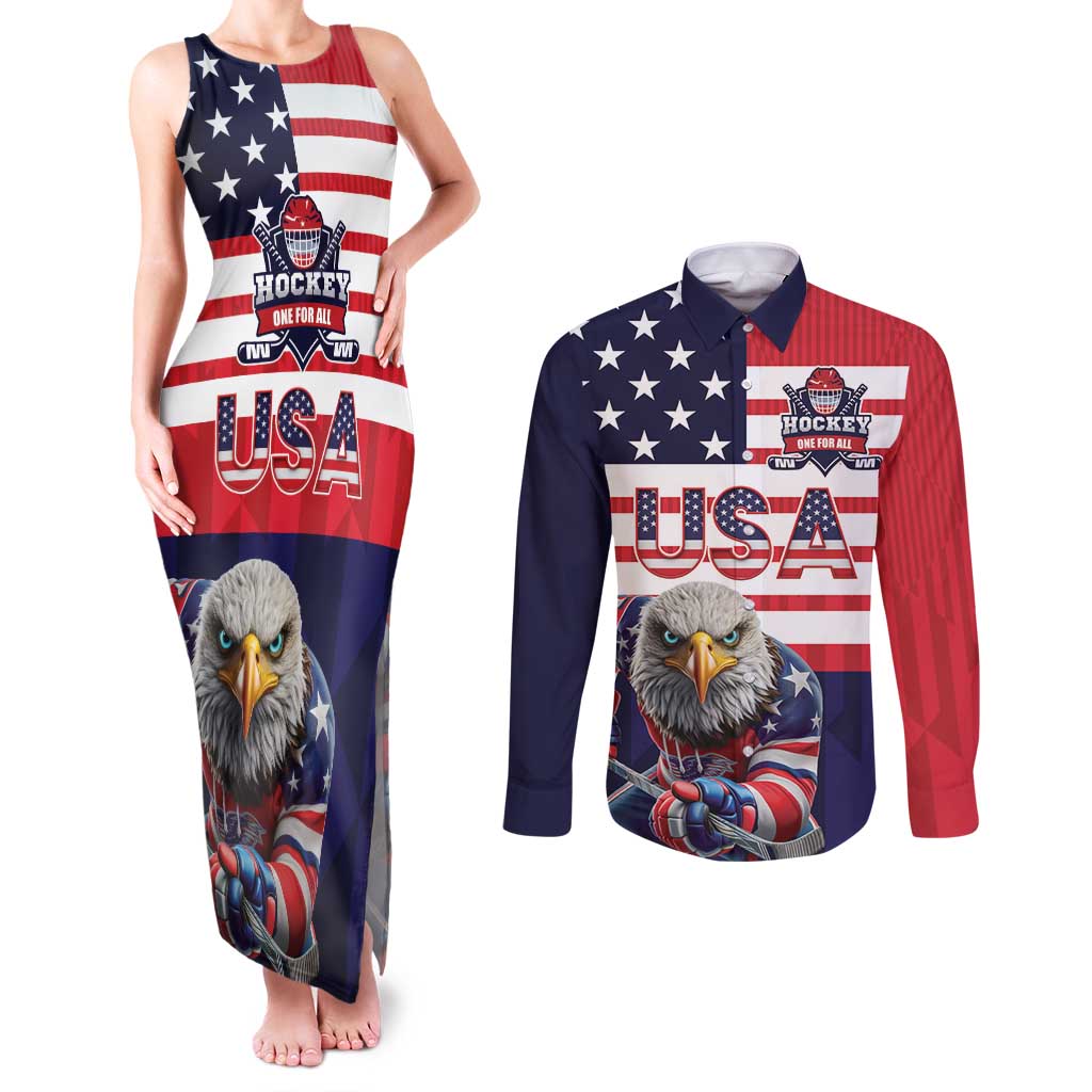 United States Ice Hockey Custom Couples Matching Tank Maxi Dress and Long Sleeve Button Shirt Team USA One For All