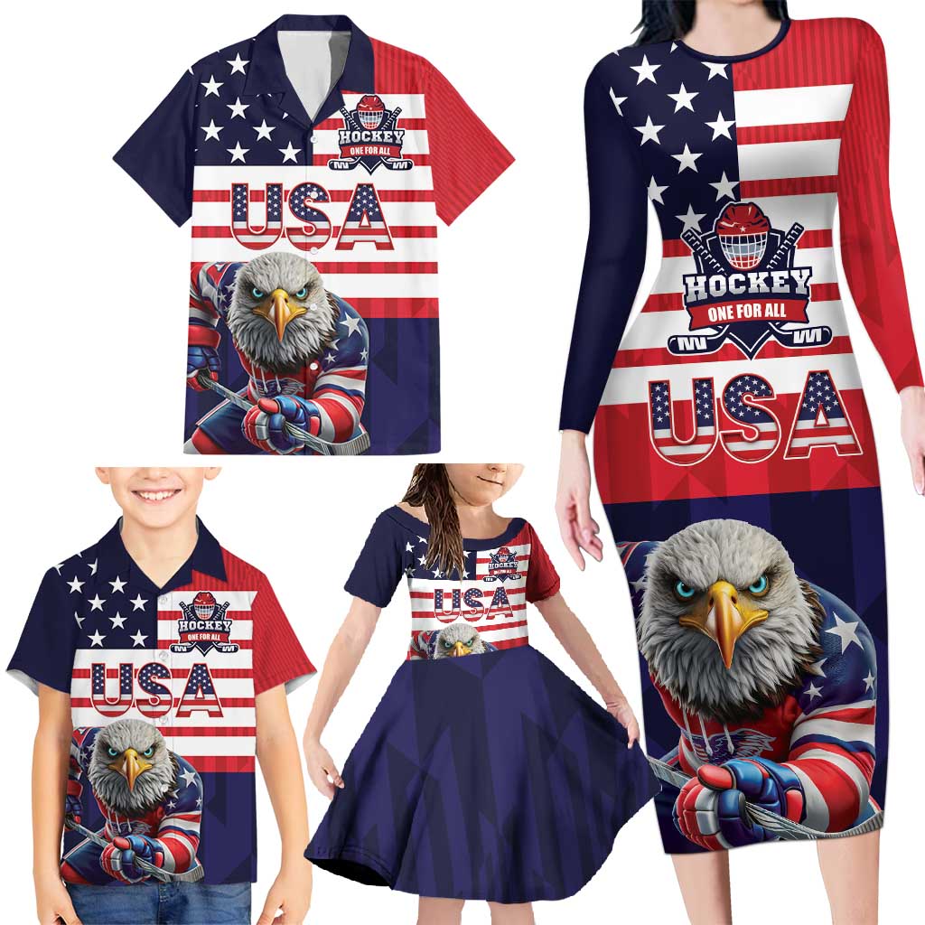 United States Ice Hockey Custom Family Matching Long Sleeve Bodycon Dress and Hawaiian Shirt Team USA One For All