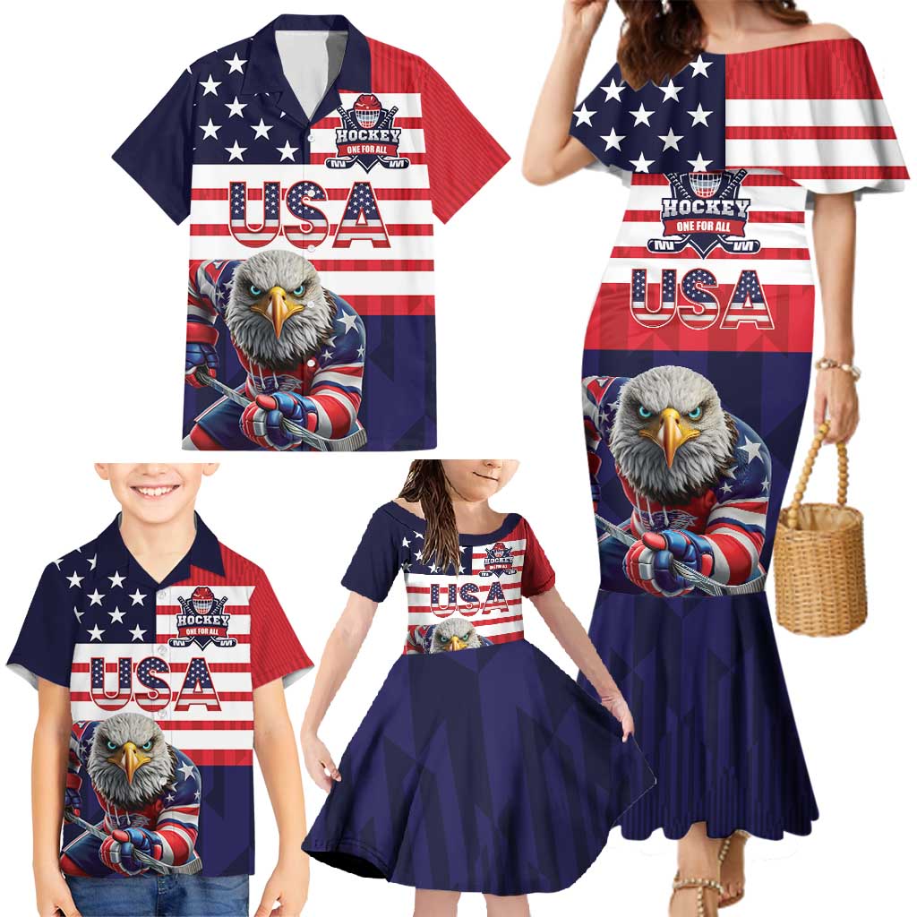 United States Ice Hockey Custom Family Matching Mermaid Dress and Hawaiian Shirt Team USA One For All