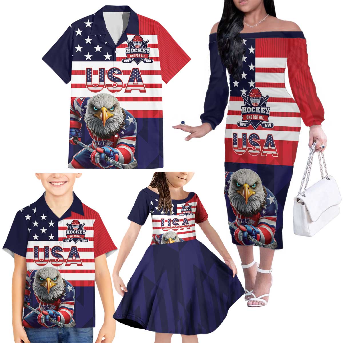 United States Ice Hockey Custom Family Matching Off The Shoulder Long Sleeve Dress and Hawaiian Shirt Team USA One For All