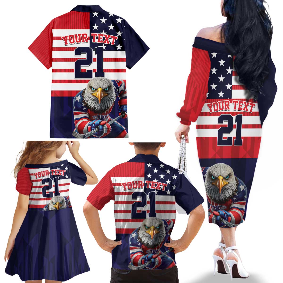 United States Ice Hockey Custom Family Matching Off The Shoulder Long Sleeve Dress and Hawaiian Shirt Team USA One For All