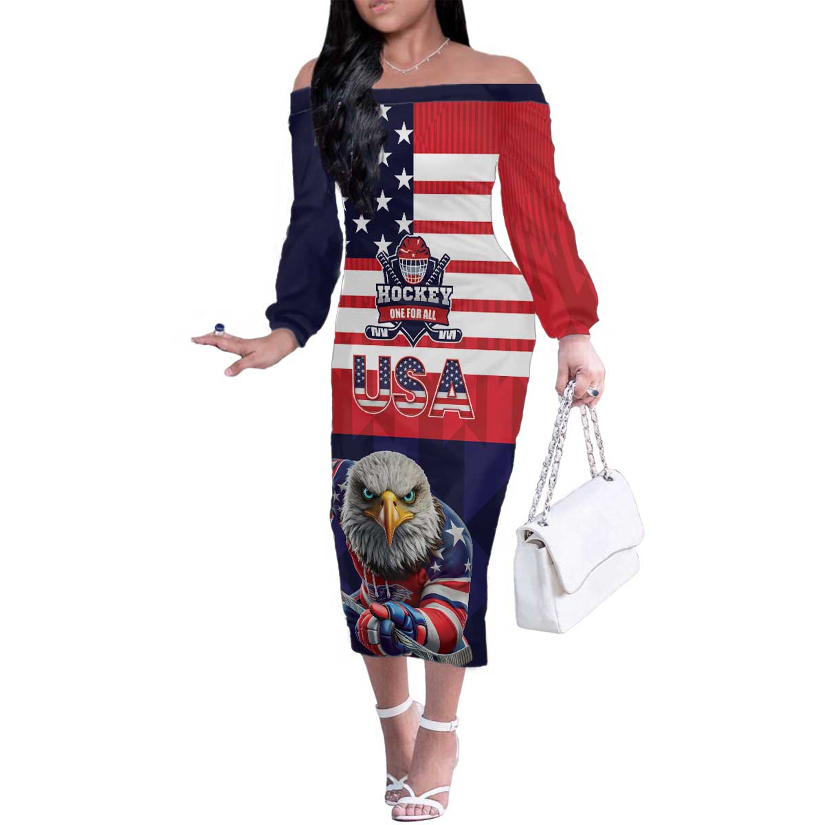 United States Ice Hockey Custom Family Matching Off The Shoulder Long Sleeve Dress and Hawaiian Shirt Team USA One For All