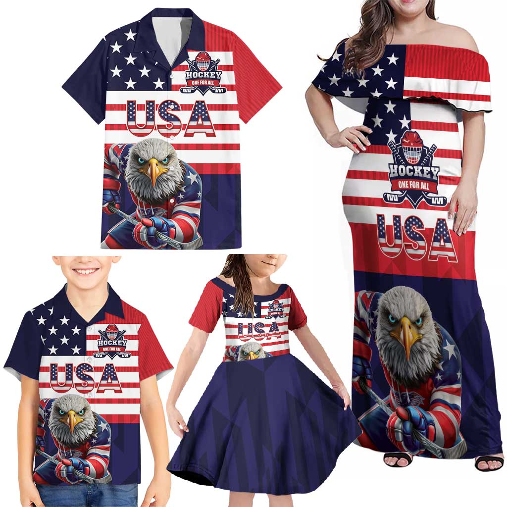 United States Ice Hockey Custom Family Matching Off Shoulder Maxi Dress and Hawaiian Shirt Team USA One For All
