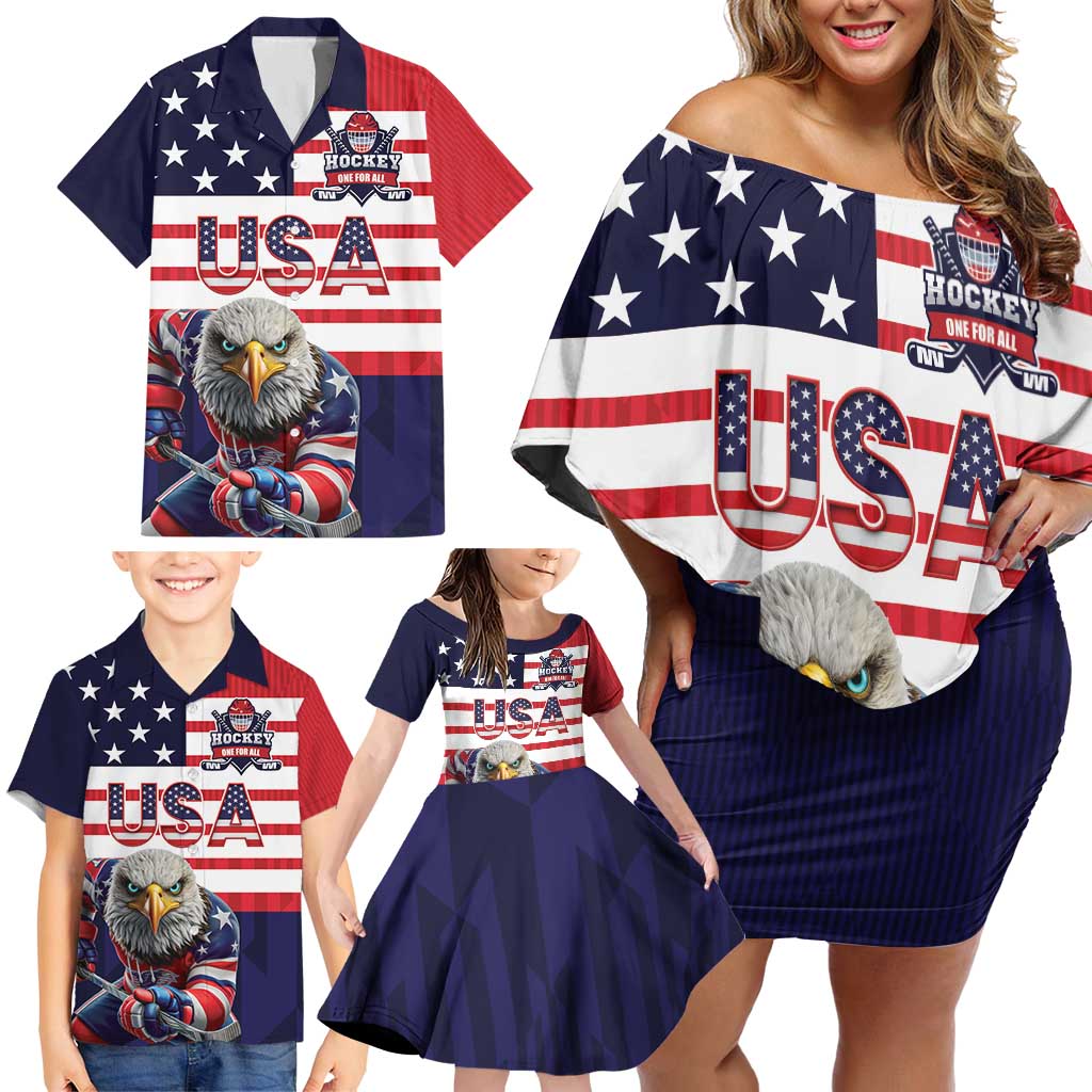 United States Ice Hockey Custom Family Matching Off Shoulder Short Dress and Hawaiian Shirt Team USA One For All