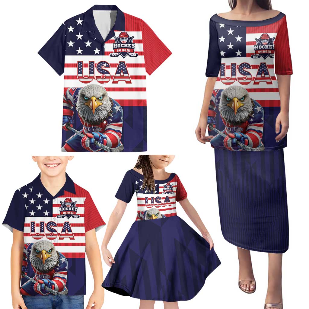 United States Ice Hockey Custom Family Matching Puletasi and Hawaiian Shirt Team USA One For All