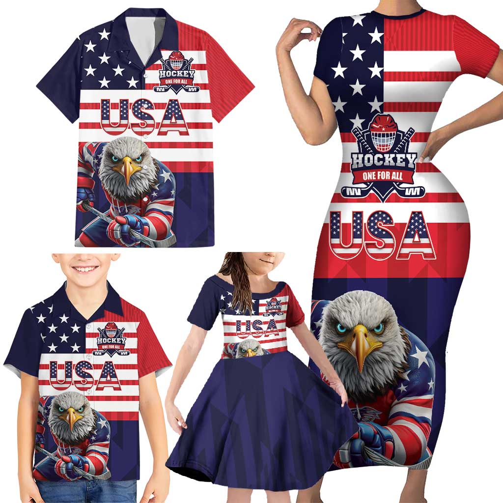 United States Ice Hockey Custom Family Matching Short Sleeve Bodycon Dress and Hawaiian Shirt Team USA One For All