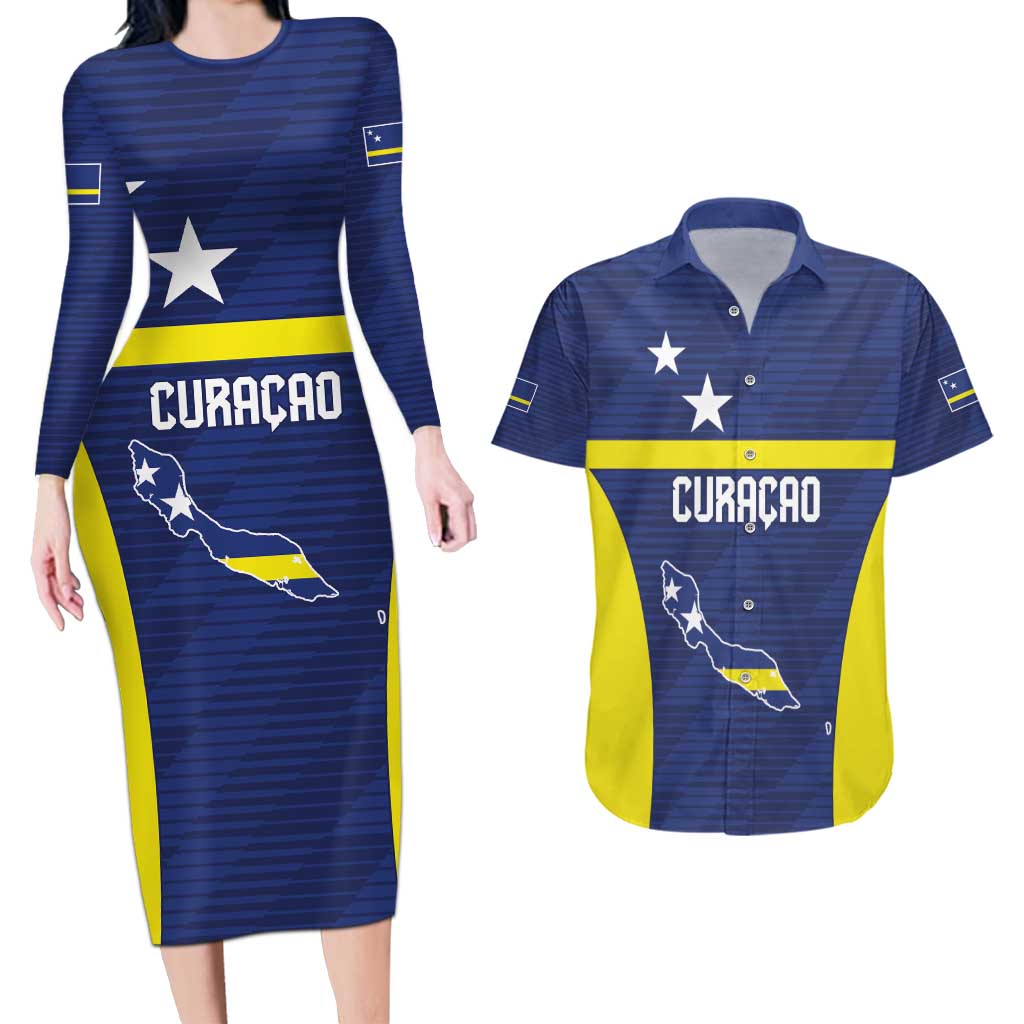 Personalized Curacao Sailboat Couples Matching Long Sleeve Bodycon Dress and Hawaiian Shirt Tropical Beach Sunset