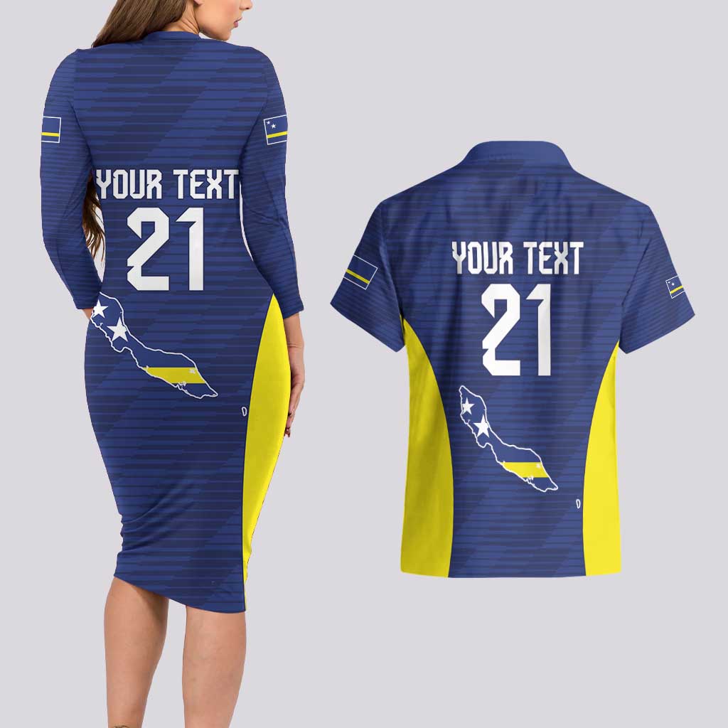 Personalized Curacao Sailboat Couples Matching Long Sleeve Bodycon Dress and Hawaiian Shirt Tropical Beach Sunset