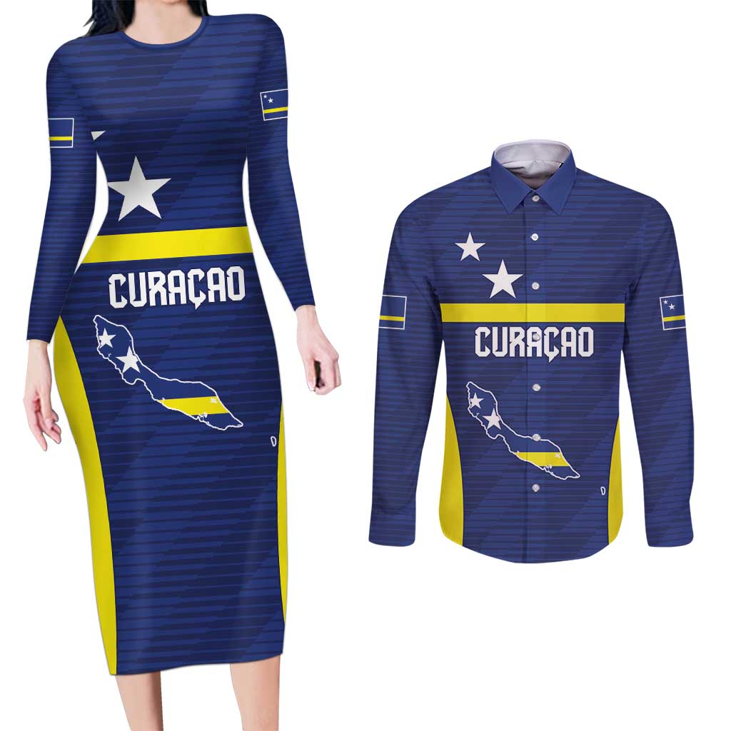 Personalized Curacao Sailboat Couples Matching Long Sleeve Bodycon Dress and Long Sleeve Button Shirt Tropical Beach Sunset