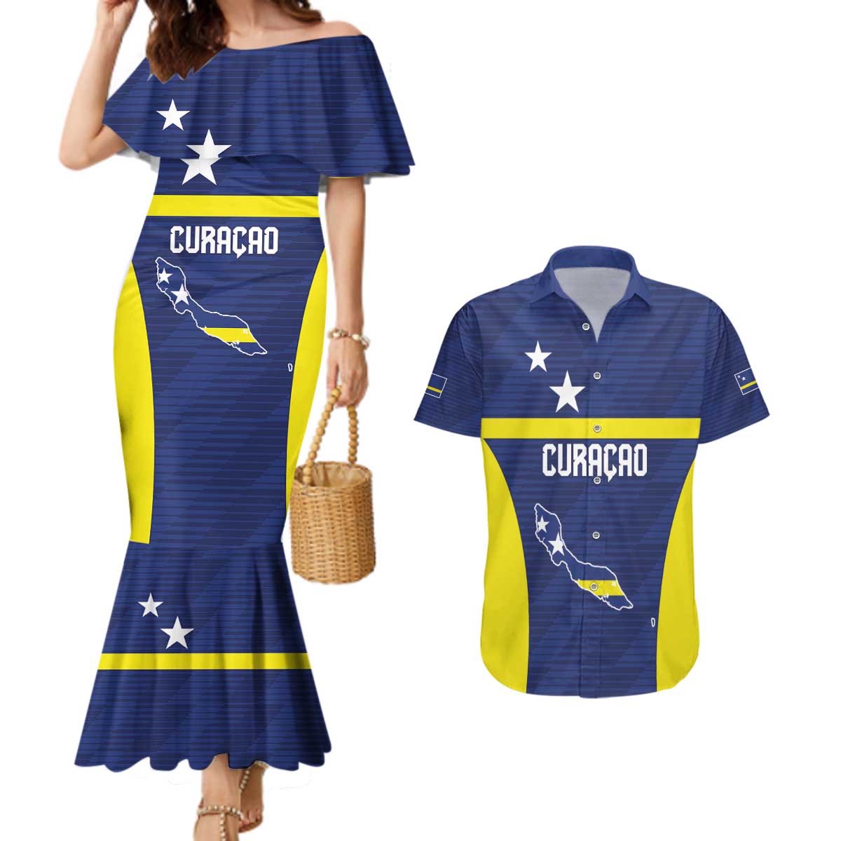 Personalized Curacao Sailboat Couples Matching Mermaid Dress and Hawaiian Shirt Tropical Beach Sunset
