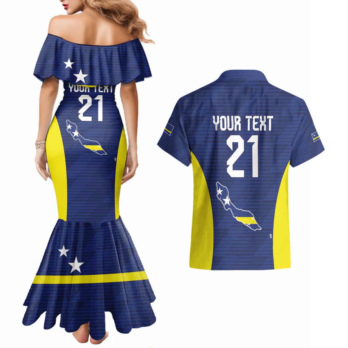 Personalized Curacao Sailboat Couples Matching Mermaid Dress and Hawaiian Shirt Tropical Beach Sunset