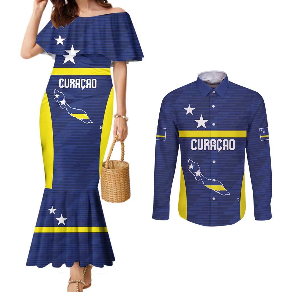 Personalized Curacao Sailboat Couples Matching Mermaid Dress and Long Sleeve Button Shirt Tropical Beach Sunset