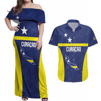 Personalized Curacao Sailboat Couples Matching Off Shoulder Maxi Dress and Hawaiian Shirt Tropical Beach Sunset