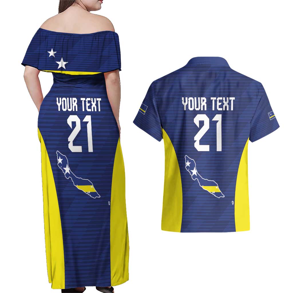 Personalized Curacao Sailboat Couples Matching Off Shoulder Maxi Dress and Hawaiian Shirt Tropical Beach Sunset
