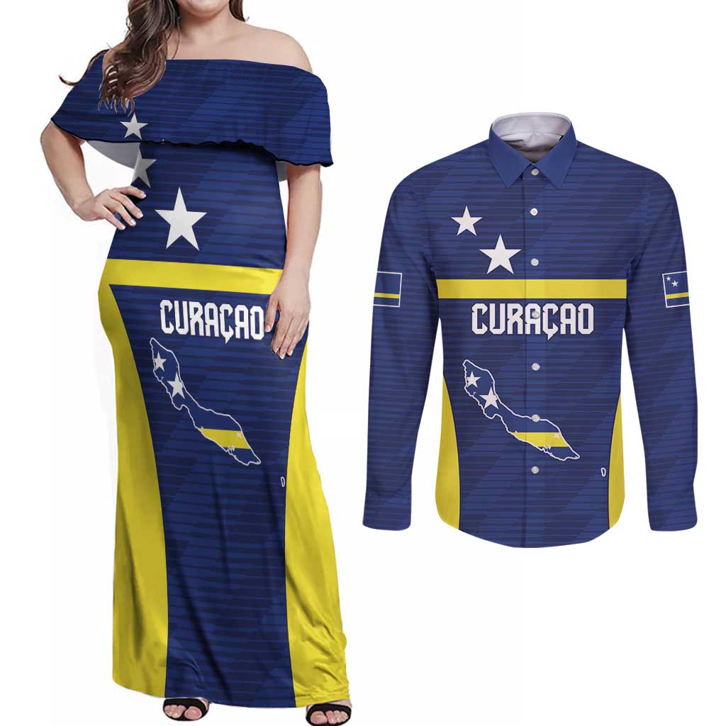 Personalized Curacao Sailboat Couples Matching Off Shoulder Maxi Dress and Long Sleeve Button Shirt Tropical Beach Sunset