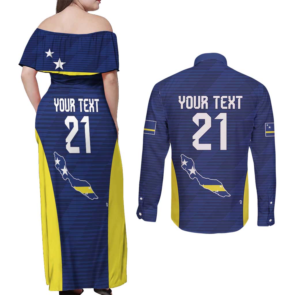 Personalized Curacao Sailboat Couples Matching Off Shoulder Maxi Dress and Long Sleeve Button Shirt Tropical Beach Sunset