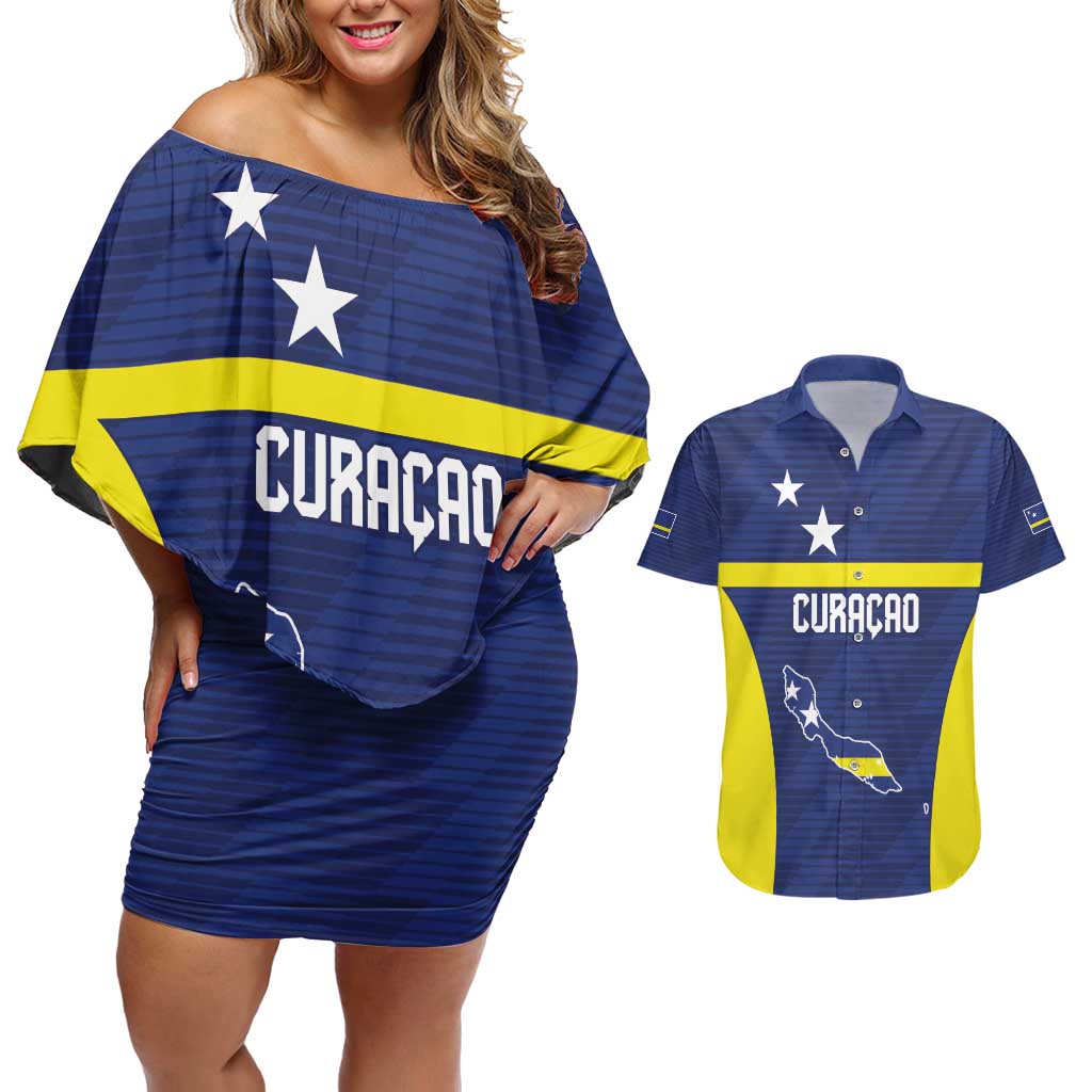 Personalized Curacao Sailboat Couples Matching Off Shoulder Short Dress and Hawaiian Shirt Tropical Beach Sunset