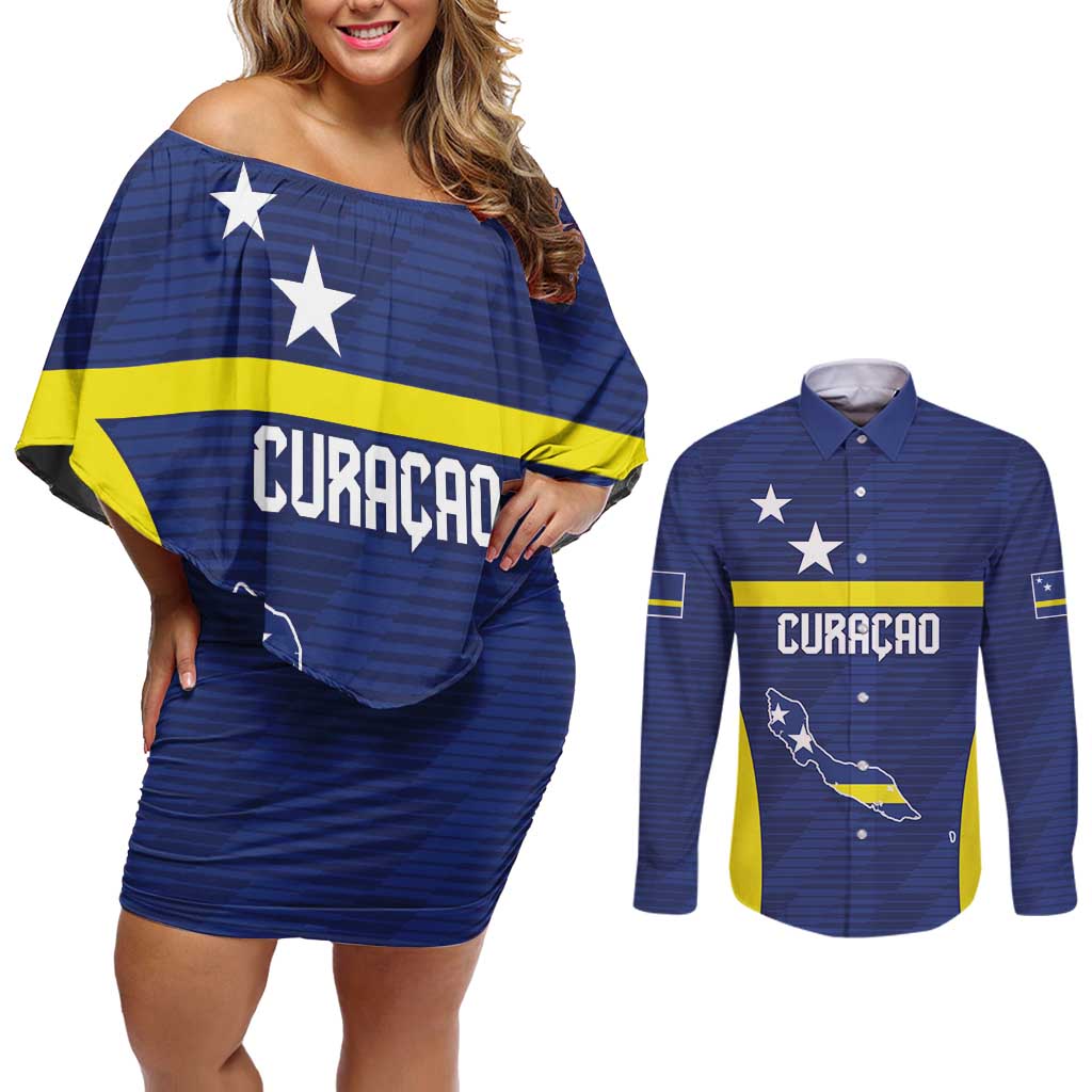 Personalized Curacao Sailboat Couples Matching Off Shoulder Short Dress and Long Sleeve Button Shirt Tropical Beach Sunset