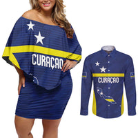 Personalized Curacao Sailboat Couples Matching Off Shoulder Short Dress and Long Sleeve Button Shirt Tropical Beach Sunset