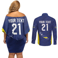 Personalized Curacao Sailboat Couples Matching Off Shoulder Short Dress and Long Sleeve Button Shirt Tropical Beach Sunset