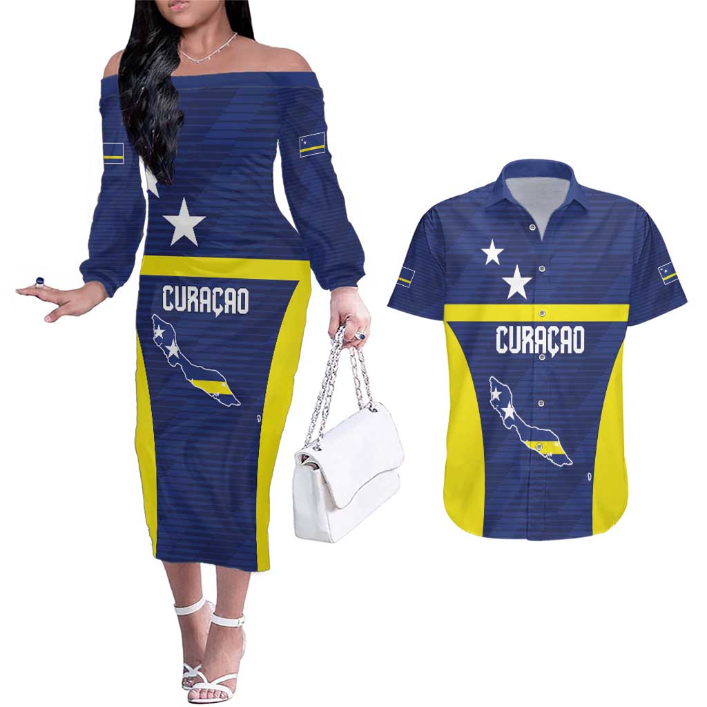 Personalized Curacao Sailboat Couples Matching Off The Shoulder Long Sleeve Dress and Hawaiian Shirt Tropical Beach Sunset