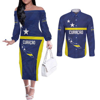 Personalized Curacao Sailboat Couples Matching Off The Shoulder Long Sleeve Dress and Long Sleeve Button Shirt Tropical Beach Sunset