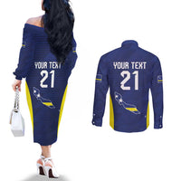 Personalized Curacao Sailboat Couples Matching Off The Shoulder Long Sleeve Dress and Long Sleeve Button Shirt Tropical Beach Sunset