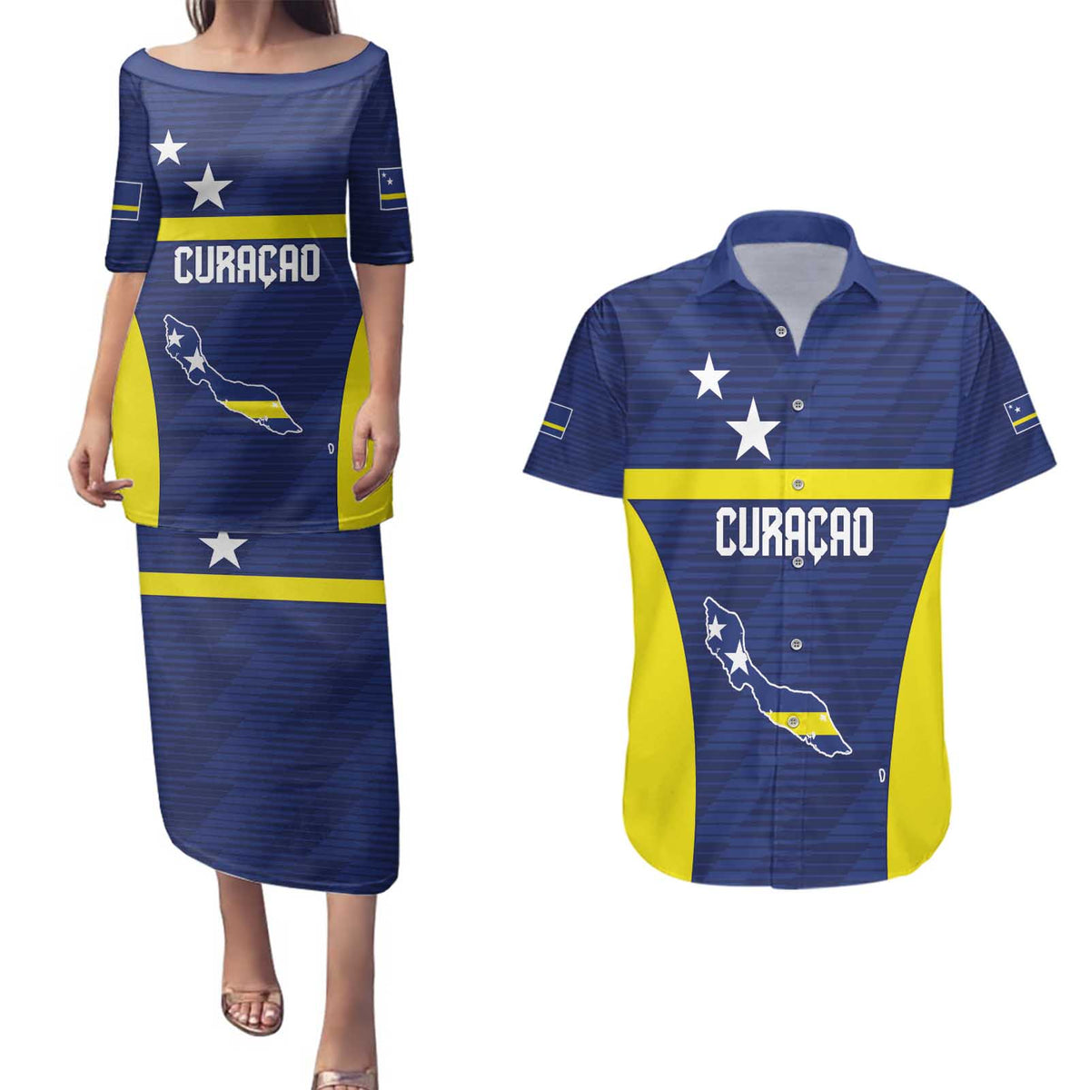 Personalized Curacao Sailboat Couples Matching Puletasi and Hawaiian Shirt Tropical Beach Sunset