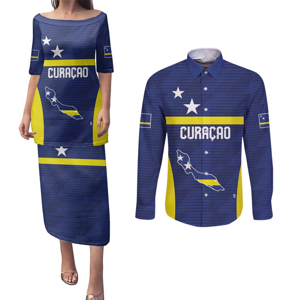 Personalized Curacao Sailboat Couples Matching Puletasi and Long Sleeve Button Shirt Tropical Beach Sunset