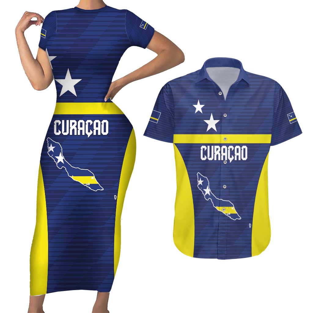 Personalized Curacao Sailboat Couples Matching Short Sleeve Bodycon Dress and Hawaiian Shirt Tropical Beach Sunset
