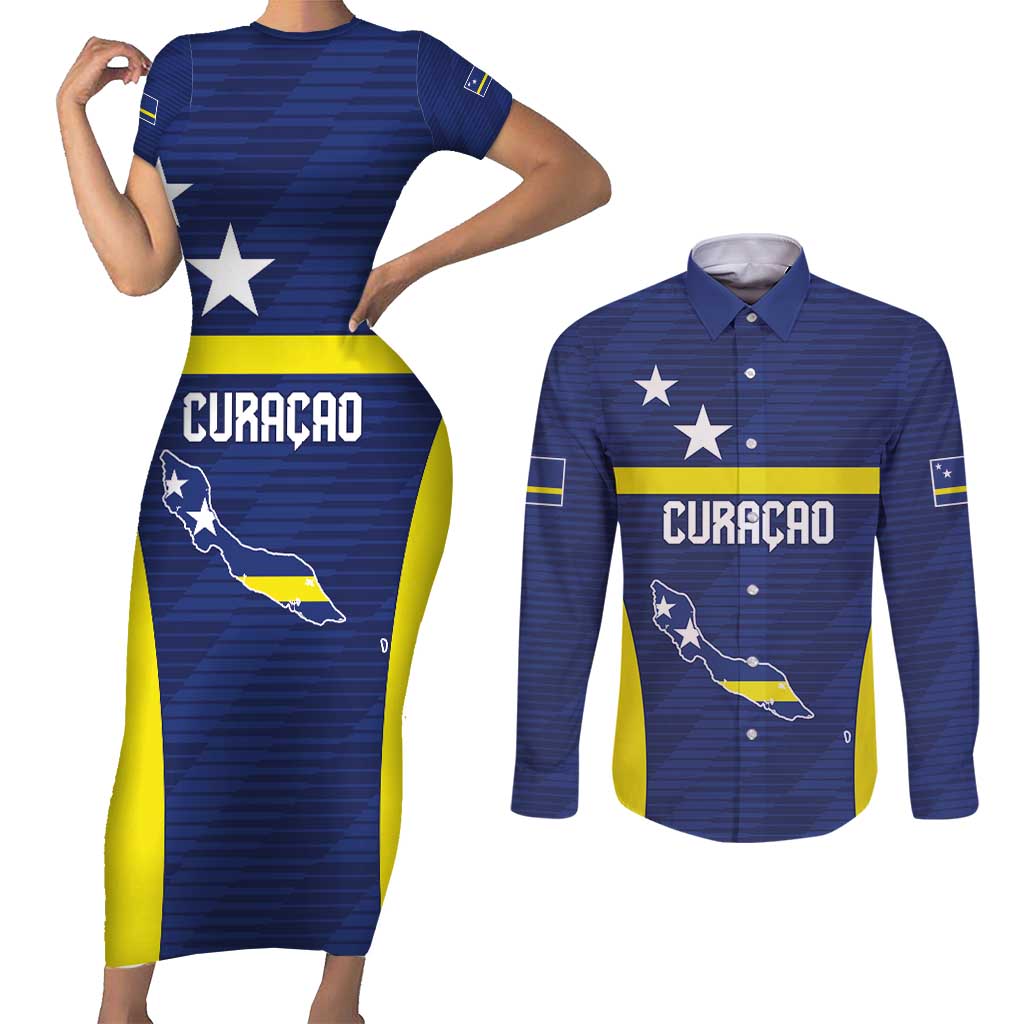 Personalized Curacao Sailboat Couples Matching Short Sleeve Bodycon Dress and Long Sleeve Button Shirt Tropical Beach Sunset