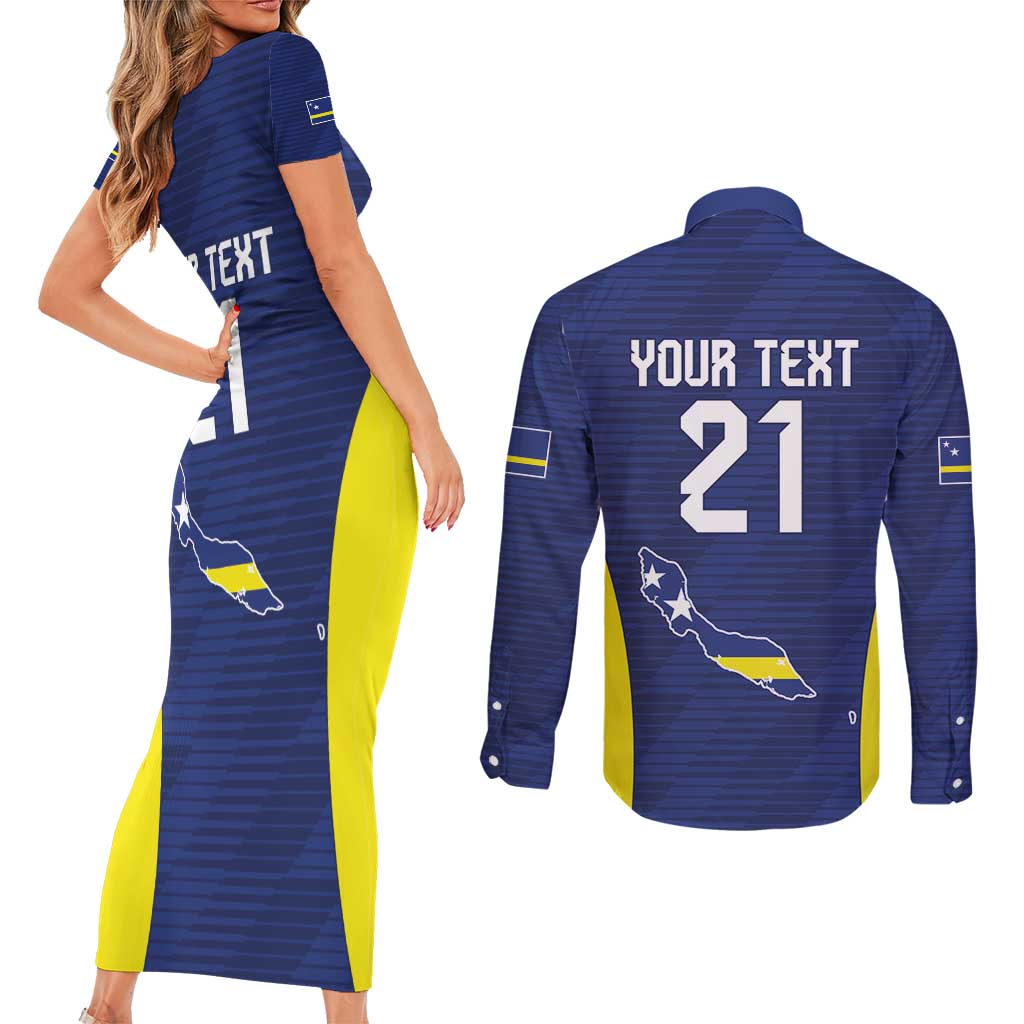 Personalized Curacao Sailboat Couples Matching Short Sleeve Bodycon Dress and Long Sleeve Button Shirt Tropical Beach Sunset