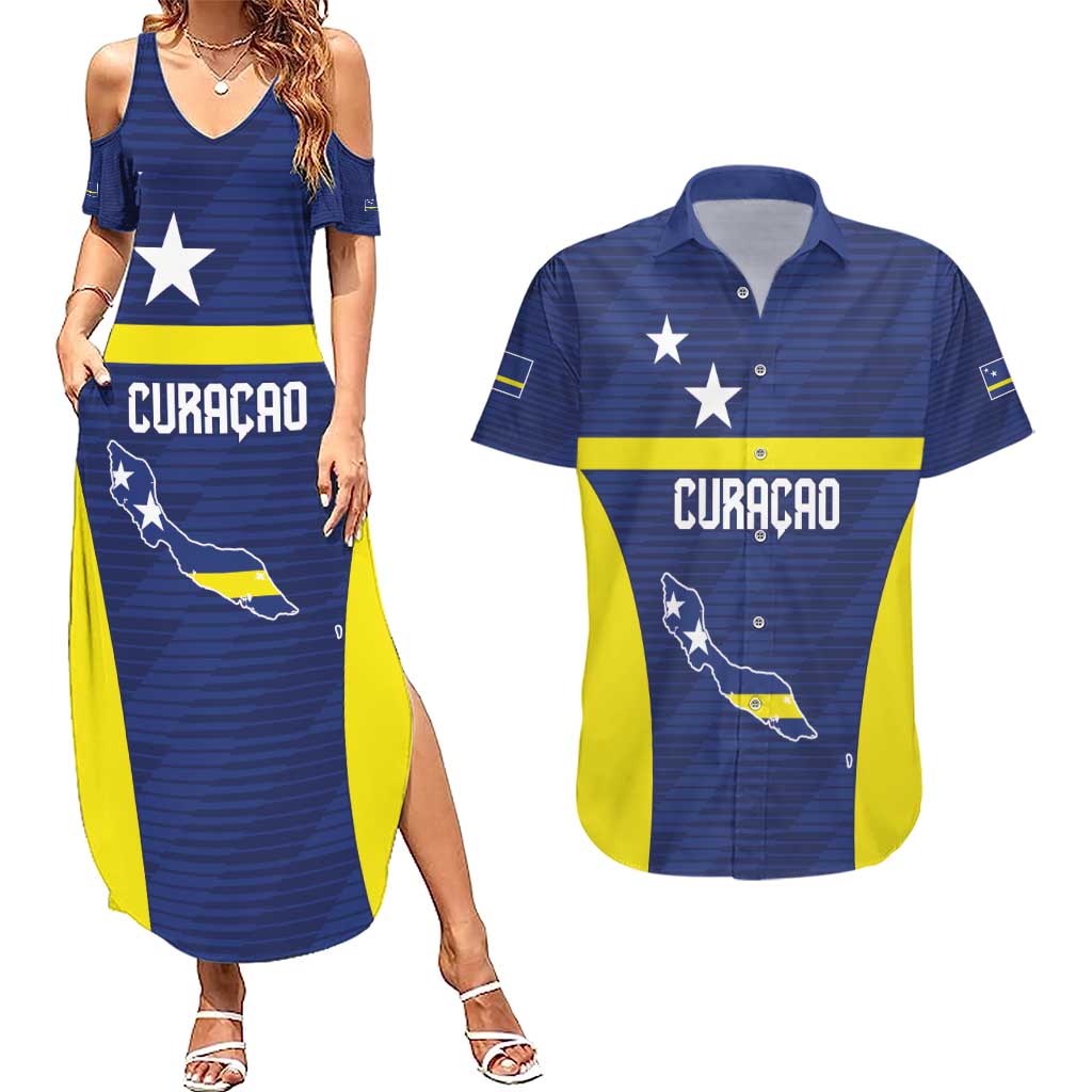 Personalized Curacao Sailboat Couples Matching Summer Maxi Dress and Hawaiian Shirt Tropical Beach Sunset