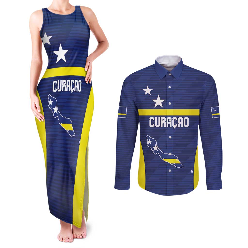 Personalized Curacao Sailboat Couples Matching Tank Maxi Dress and Long Sleeve Button Shirt Tropical Beach Sunset