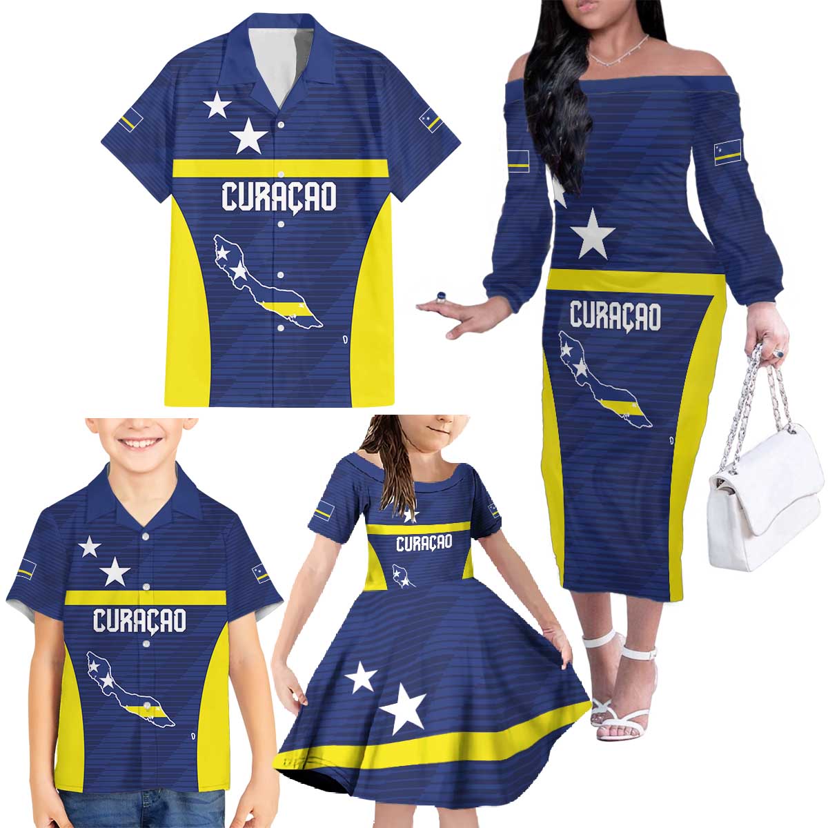 Personalized Curacao Sailboat Family Matching Off The Shoulder Long Sleeve Dress and Hawaiian Shirt Tropical Beach Sunset