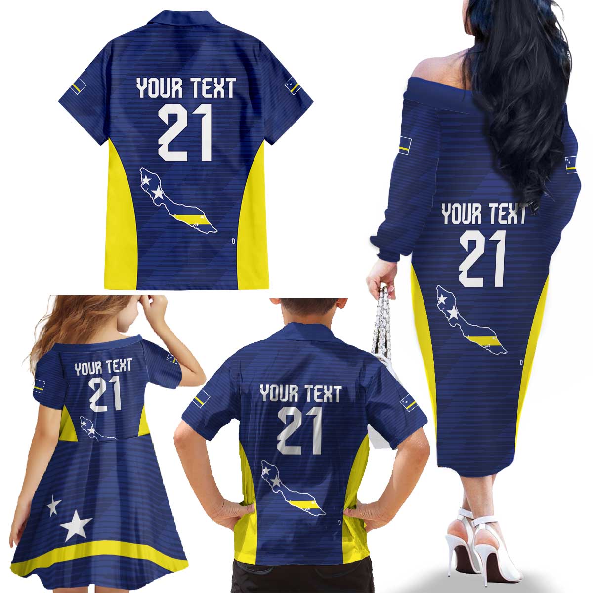Personalized Curacao Sailboat Family Matching Off The Shoulder Long Sleeve Dress and Hawaiian Shirt Tropical Beach Sunset