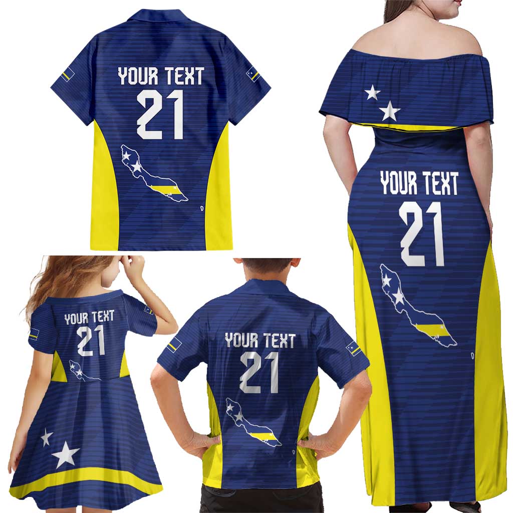 Personalized Curacao Sailboat Family Matching Off Shoulder Maxi Dress and Hawaiian Shirt Tropical Beach Sunset