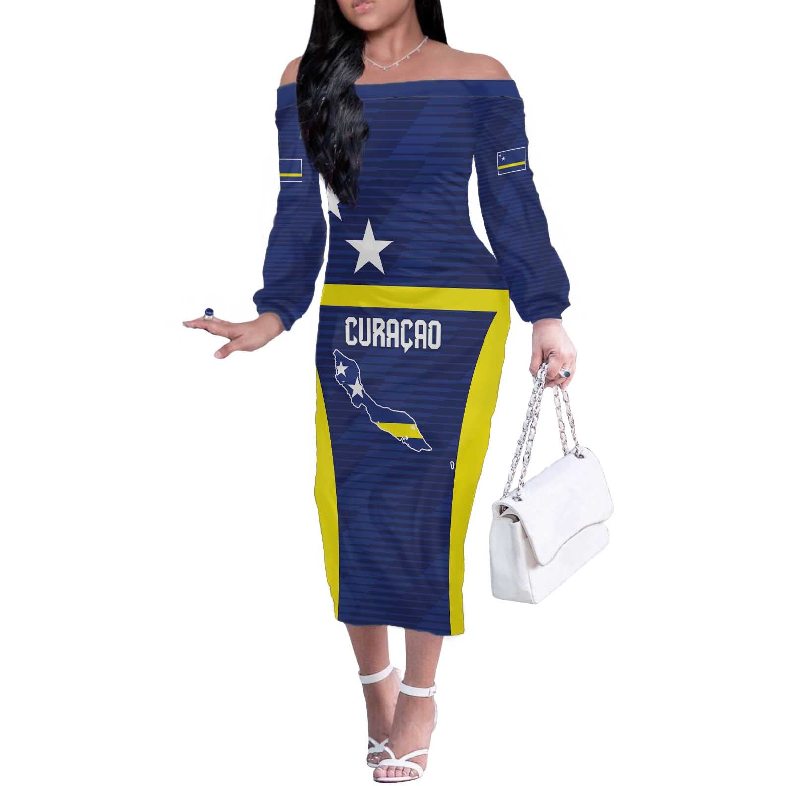 Personalized Curacao Sailboat Off The Shoulder Long Sleeve Dress Tropical Beach Sunset