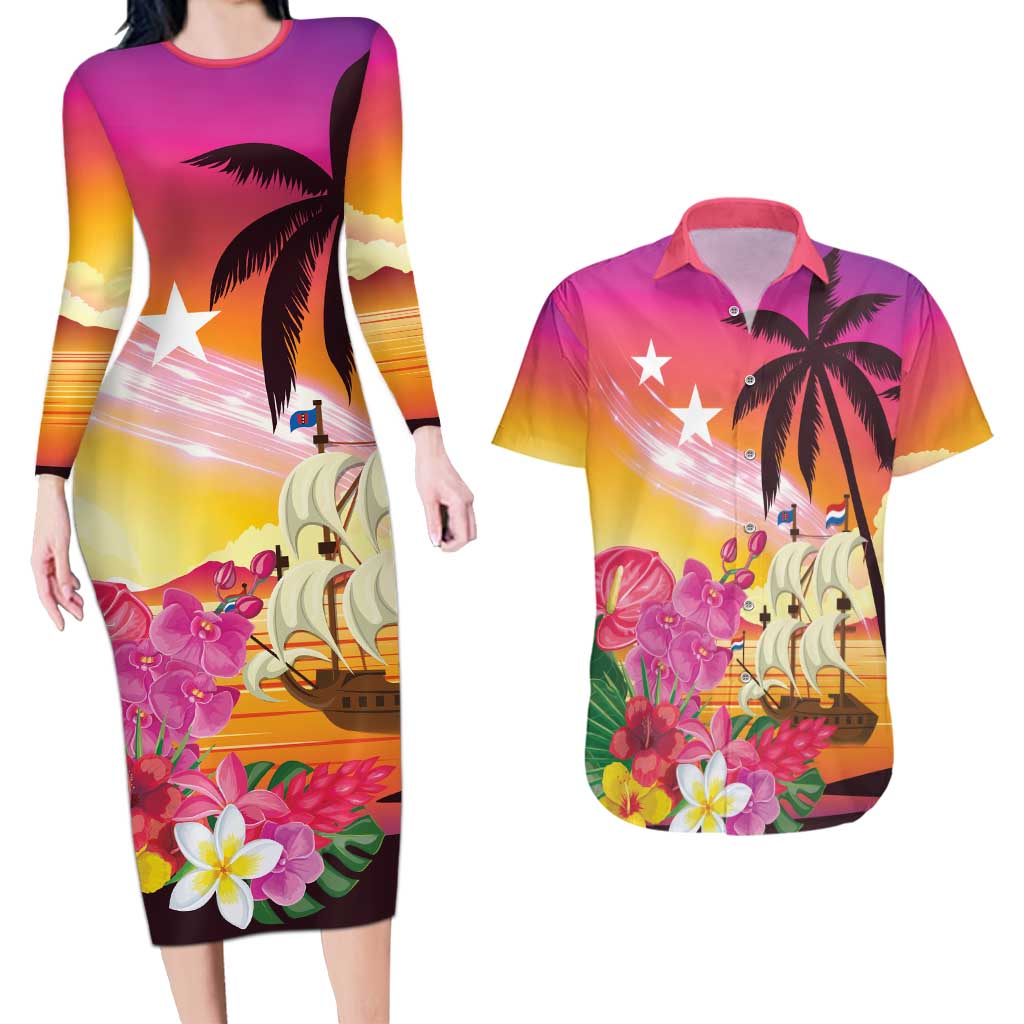 Curacao Football Custom Couples Matching Long Sleeve Bodycon Dress and Hawaiian Shirt Come On La Familia Azul