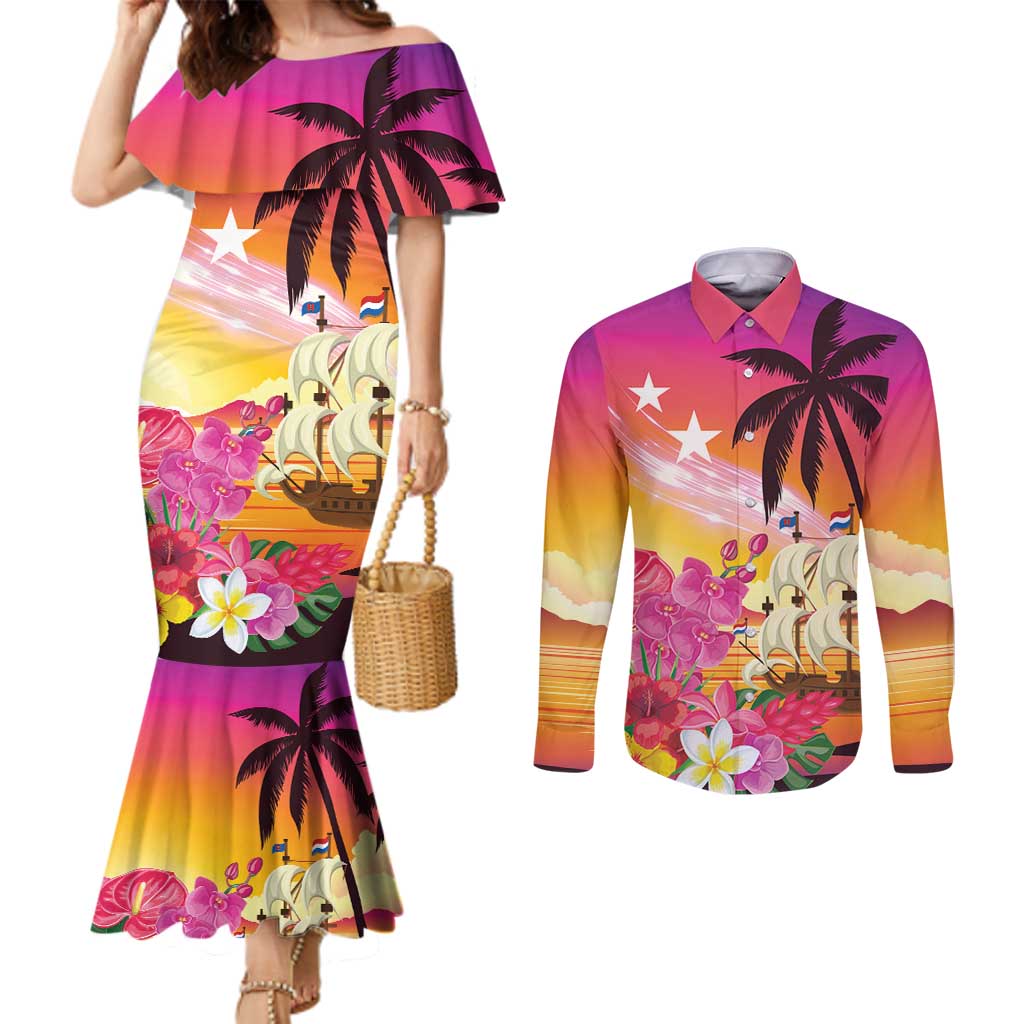 Curacao Football Custom Couples Matching Mermaid Dress and Long Sleeve Button Shirt Come On La Familia Azul