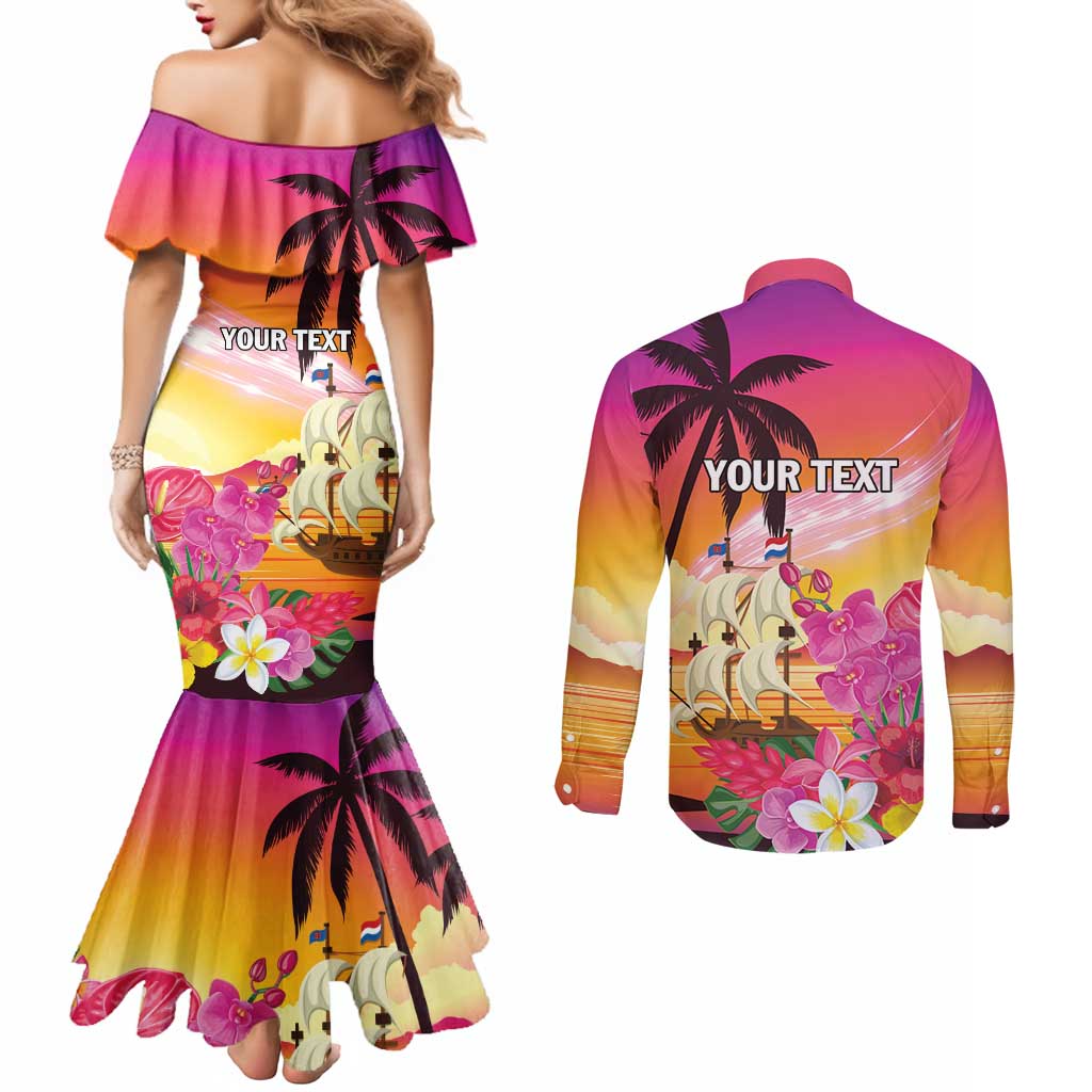 Curacao Football Custom Couples Matching Mermaid Dress and Long Sleeve Button Shirt Come On La Familia Azul